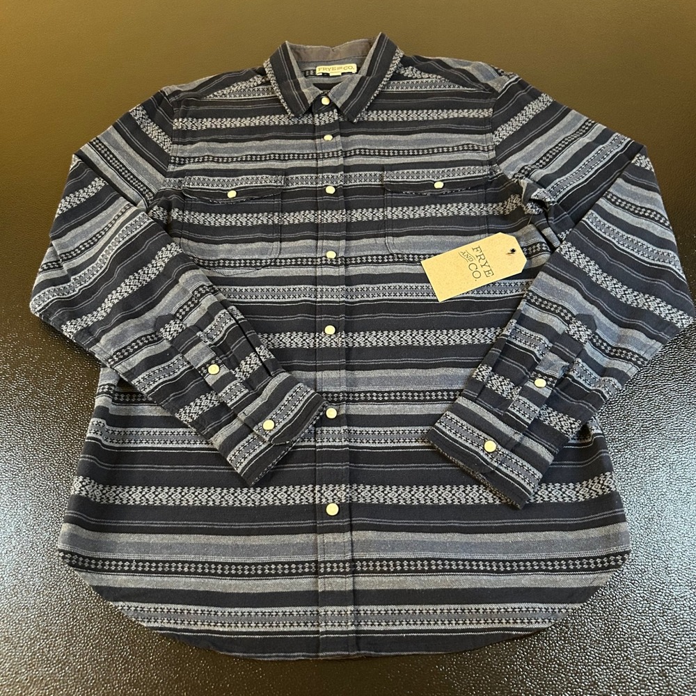 Frye & Co Aztec Striped Pearl Snap Shirt Western Style Blue Mens Medium NWT